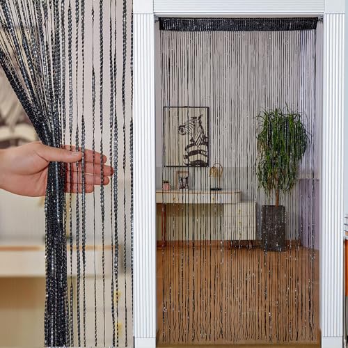 Mateju Fadenvorhang Balkontür Türvorhang Insektenschutz Einfarbig Fadengardine Glitzer Vorhang 100 x 200 cm Fransenvorhang Dekorative Raumteiler Fliegenschutz Schiebevorhänge (Schwarz) von Mateju