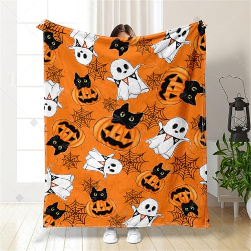Mateju Halloween Kuscheldecke Decke Flauschig Fleecedecke Flanelldecke Sofadecke Warm Weich Wohndecke Überwürfe Couchdecke Halloween Kürbis Gruseliger Geist Druck, Halloween Deko (Orange,150x200cm) von Mateju