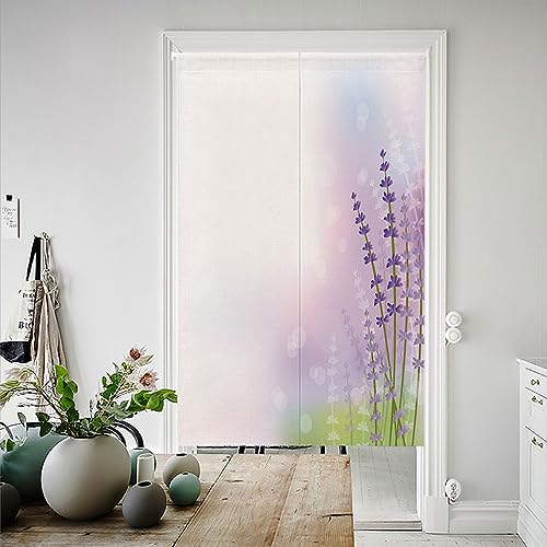 Mateju Japanischer Vorhang Tür Halb, Blumen Drucken Türvorhang Japanisch Verdicken Leinen Kurz Japanischer Noren Türvorhang - Heimtextilien Raumteiler (90x180cm,Lavendel) von Mateju