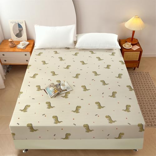 Mateju Mikrofaser Spannbettlaken für Kinder mit Dinosaurier Muster Weiche Bequem Spannbetttuch für Einzelbett Doppelbett Boxspringbett, Tiefe Tasche, bis 30 cm Matraze (Beige,90x200cm) von Mateju