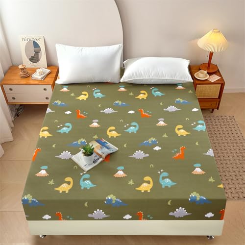 Mateju Mikrofaser Spannbettlaken für Kinder mit Dinosaurier Muster Weiche Bequem Spannbetttuch für Einzelbett Doppelbett Boxspringbett, Tiefe Tasche, bis 30 cm Matraze (Olivgrün,90x200cm) von Mateju