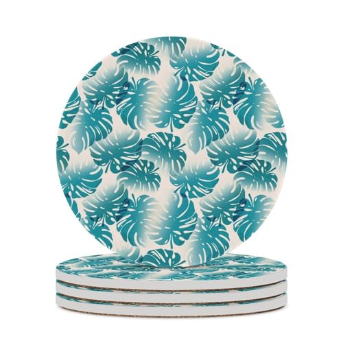 Mateju Monstera 4/6 Stück Untersetzer Gläser, Rund Keramik Untersetzer Coasters mit Korkboden, Abwaschbar Wiederverwendbare Coasters für Zuhause Restaurant Büro und Bar (Türkis,4 Stück) von Mateju