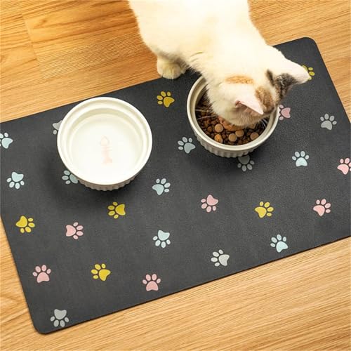 Mateju Napfunterlage Hund Katzen, Multicolour Footprints Futtermatte Hunde rutschfest Saugfähig Schnelltrocknend Futtermatte Matte, Napfunterlage Katze Hundenapf Unterlage (Schwarz,30x40cm) von Mateju