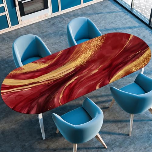 Mateju Outdoor Oval Fitted Tischdecke, Lotuseffekt Gartentischdecke Rot Murmeln Abwaschbar Wischbare Gummiband Elastisch Tischdecken (91x152cm,A) von Mateju