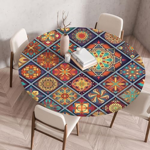 Mateju Outdoor Runde Fitted Tischdecke, Boho-Muster Wasserdicht Lotuseffekt Gartentischdecke Abwaschbar Wischbare Gummiband Tischdecke Elastisch Rund Tischdecken (Marineblau,140cm) von Mateju