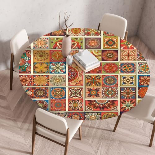Mateju Outdoor Runde Fitted Tischdecke, Boho-Muster Wasserdicht Lotuseffekt Gartentischdecke Abwaschbar Wischbare Gummiband Tischdecke Elastisch Rund Tischdecken (Orange,130cm) von Mateju