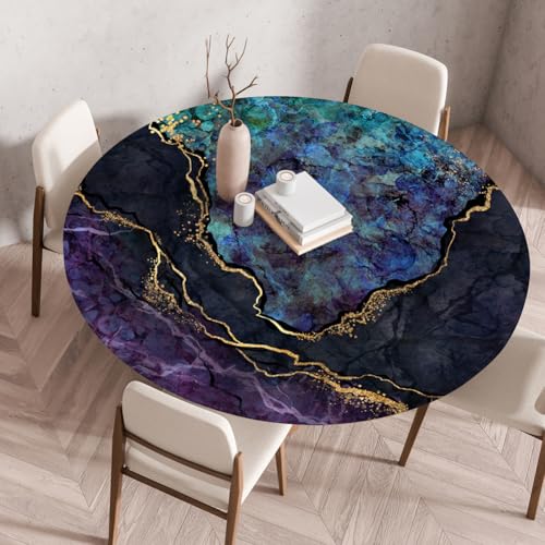 Mateju Outdoor Runde Fitted Tischdecke, Moderner Marmor Wasserdicht Lotuseffekt Gartentischdecke Abwaschbar Wischbare Gummiband Tischdecke Elastisch Rund Tischdecken (130cm,Lila) von Mateju