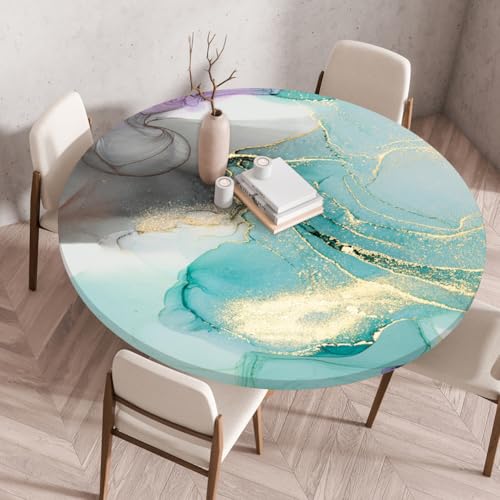 Mateju Outdoor Runde Fitted Tischdecke, Moderner Marmor Wasserdicht Lotuseffekt Gartentischdecke Abwaschbar Wischbare Gummiband Tischdecke Elastisch Rund Tischdecken (60cm,Türkis) von Mateju