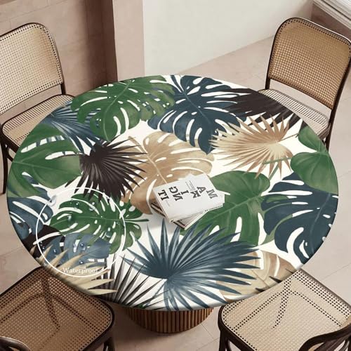 Mateju Outdoor Runde Fitted Tischdecke, Wasserdicht Lotuseffekt Gartentischdecke, Botanisches Muster Abwaschbar Wischbare Gummiband Tischdecke Elastisch Rund Tischdecken (Dunkelgrün,110cm) von Mateju
