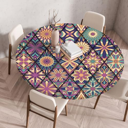 Mateju Outdoor Runde Fitted Tischdecke, Wasserdicht Lotuseffekt Gartentischdecke Abwaschbar Wischbare Gummiband Tischdecke Elastisch Rund Tischdecken, Bohème Stil (60cm,Dunkelviolett) von Mateju