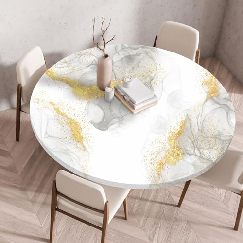 Mateju Outdoor Runde Fitted Tischdecke, Wasserdicht Lotuseffekt Gartentischdecke Abwaschbar Wischbare Gummiband Tischdecke Elastisch Rund Tischdecken (Marmoriert Gold,80cm) von Mateju