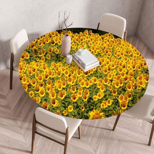 Mateju Outdoor Runde Fitted Tischdecke, Wasserdicht Lotuseffekt Gartentischdecke Abwaschbar Wischbare Gummiband Tischdecke Elastisch Rund Tischdecken Sonnenblume (140cm,Orange) von Mateju