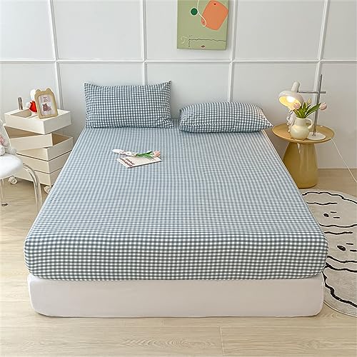 Mateju Plaid Spannbettlaken mit 2 Kissenbezug für Einzelbett und Doppelbett, Weiche Mikrofaser Kariert Spannbetttuch für Boxspringbett, Tiefe Tasche für bis 20cm Matraze (90x200cm,Blau) von Mateju