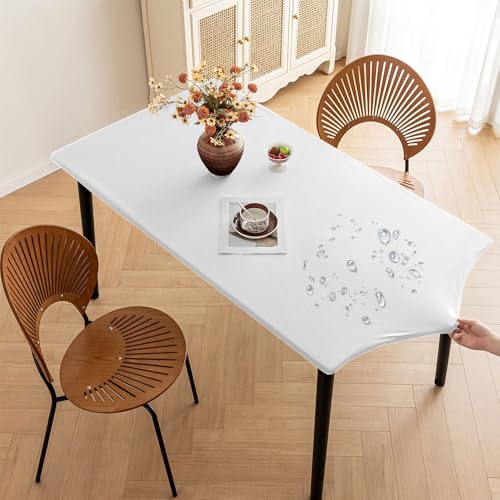 Mateju Rechteckig Tischdecke Outdoor Wetterfest, Wasserdicht Gartentischdecke Abwaschbar Wischbare Gummiband Tischdecke Elastisch Outdoor-Tischdecken Eckig Wetterfest (Weiß,90x150cm) von Mateju