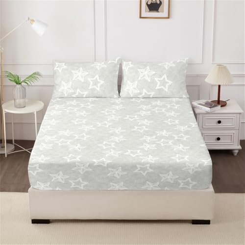 Mateju Spannbettlaken aus Mikrofaser, Kreis Geometrie Muster Spannbetttuch Weiche Bequem Bettlaken für Einzelbett Doppelbett Boxspringbett, Matratzen bis zu 30 cm Höhe (90x200cm,Weiße Sterne) von Mateju