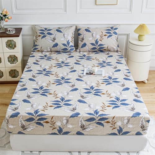 Mateju Spannbettlaken aus Mikrofaser mit Blätter Muster Weiche Bequem Spannbetttuch für Einzelbett Doppelbett Boxspringbett, Tiefe Tasche, bis 25 cm Matraze (Blaue Blätter,100x200cm) von Mateju