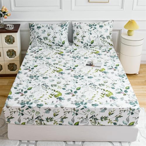 Mateju Spannbettlaken aus Mikrofaser mit Blätter Muster Weiche Bequem Spannbetttuch für Einzelbett Doppelbett Boxspringbett, Tiefe Tasche, bis 25 cm Matraze (Eukalyptusblätter,100x200cm) von Mateju