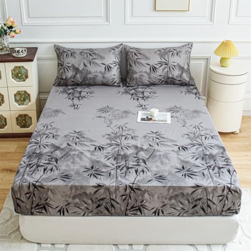 Mateju Spannbettlaken aus Mikrofaser mit Blätter Muster Weiche Bequem Spannbetttuch für Einzelbett Doppelbett Boxspringbett, Tiefe Tasche, bis 25 cm Matraze (Grauer Bambus,180x200cm) von Mateju