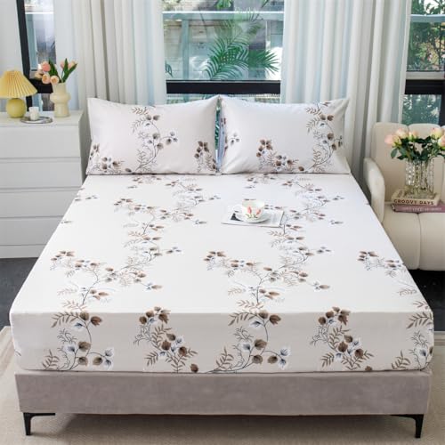 Mateju Spannbettlaken aus Mikrofaser mit Blätter Muster Weiche Bequem Spannbetttuch für Einzelbett Doppelbett Boxspringbett, Tiefe Tasche, bis 25 cm Matraze (Ranke,160x200cm) von Mateju