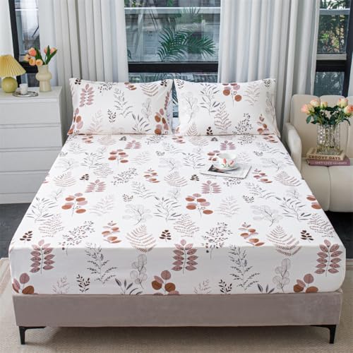 Mateju Spannbettlaken aus Mikrofaser mit Blätter Muster Weiche Bequem Spannbetttuch für Einzelbett Doppelbett Boxspringbett, Tiefe Tasche, bis 25 cm Matraze (Rote Blätter,140x200cm) von Mateju