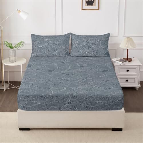 Mateju Spannbettlaken aus Mikrofaser mit Blatttextur-Druck Weiche Bequem Bettlaken Spannbetttuch für Einzelbett Doppelbett Boxspringbett, Matratzen bis zu 30 cm Höhe (200x220cm,Dunkelgrau) von Mateju