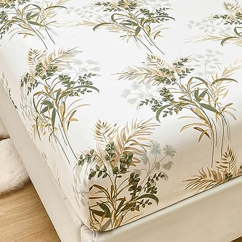 Mateju Spannbettlaken aus Mikrofaser mit Blumendruck für Einzelbett und Doppelbett, Weiche Bequem Spannbetttuch für Boxspringbett, Tiefe Tasche für bis 25 cm Matraze (120x200cm,Beige) von Mateju