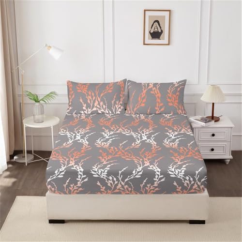 Mateju Spannbettlaken aus Mikrofaser mit Blumenzweig-Print Weiche Bequem Bettlaken Spannbetttuch für Einzelbett Doppelbett Boxspringbett, Matratzen bis zu 30 cm Höhe (140x200cm,Rot) von Mateju