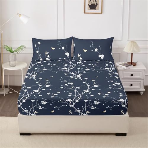 Mateju Spannbettlaken aus Mikrofaser mit Blumenzweig-Print Weiche Bequem Bettlaken Spannbetttuch für Einzelbett Doppelbett Boxspringbett, Matratzen bis zu 30 cm Höhe (160x200cm,Dunkelblau) von Mateju