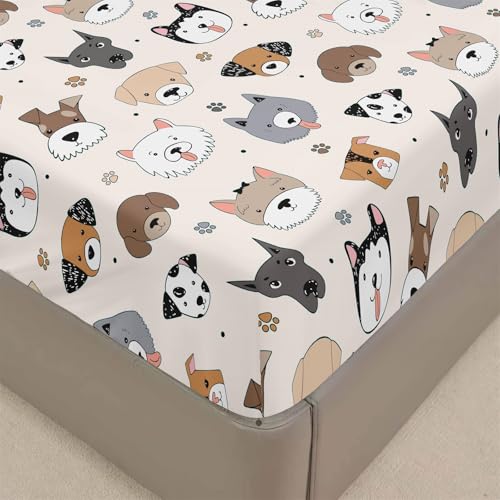 Mateju Spannbettlaken aus Mikrofaser mit Cartoon-Tiere Druck, Weiche Bequem Spannbetttuch für Einzelbett Doppelbett Boxspringbett, Tiefe Tasche, bis 30 cm Matraze (Beiger Welpe,100x200cm) von Mateju