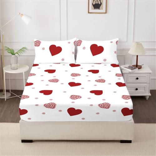 Mateju Spannbettlaken aus Mikrofaser mit Rotem Herz-Print Weiche Bequem Bettlaken Spannbetttuch für Einzelbett Doppelbett Boxspringbett, Matratzen bis zu 30 cm Höhe (Stil A,90x200cm) von Mateju