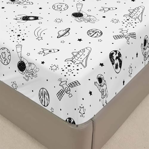 Mateju Spannbettlaken aus Mikrofaser mit Sternenhimmel Druck, Weiche Bequem Spannbetttuch für Einzelbett Doppelbett Boxspringbett, Tiefe Tasche, bis 30 cm Matraze (Astronaut,120x200cm) von Mateju