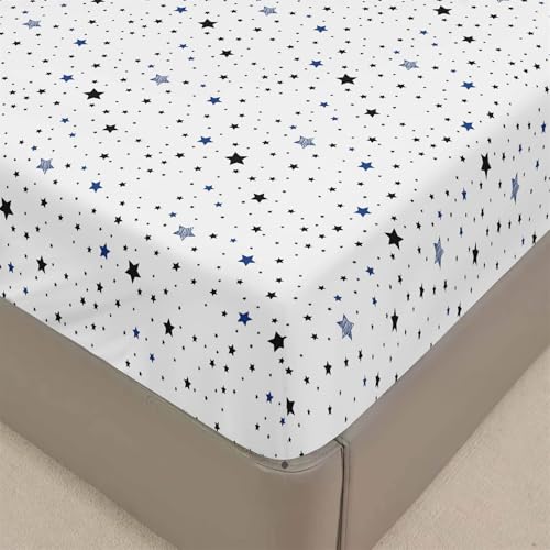 Mateju Spannbettlaken aus Mikrofaser mit Sternenhimmel Druck, Weiche Bequem Spannbetttuch für Einzelbett Doppelbett Boxspringbett, Tiefe Tasche, bis 30 cm Matraze (Blaue Sterne,140x200cm) von Mateju