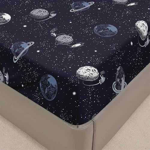 Mateju Spannbettlaken aus Mikrofaser mit Sternenhimmel Druck, Weiche Bequem Spannbetttuch für Einzelbett Doppelbett Boxspringbett, Tiefe Tasche, bis 30 cm Matraze (Mond,90x200cm) von Mateju