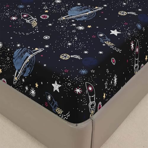 Mateju Spannbettlaken aus Mikrofaser mit Sternenhimmel Druck, Weiche Bequem Spannbetttuch für Einzelbett Doppelbett Boxspringbett, Tiefe Tasche, bis 30 cm Matraze (Weltraum-Planet,140x200cm) von Mateju
