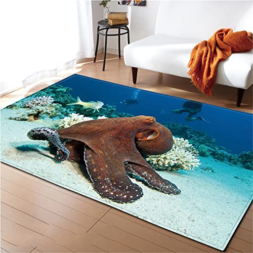 Mateju Teppich Schlafzimmer Wohnzimmer Teppich 3D Die Unterwasserwelt Dekoration Waschbarer Flanell Teppiche Balkon Terrasse Küchenteppich Bodenmatte Fußmatte (50x80cm,Krake) von Mateju