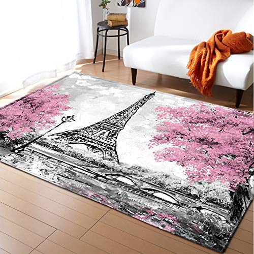 Mateju Teppich Schlafzimmer Wohnzimmer Teppich 3D Eiffelturm Dekoration Waschbarer Flanell Teppiche Balkon Terrasse Küchenteppich Bodenmatte Fußmatte (100x120cm,grau rosa) von Mateju