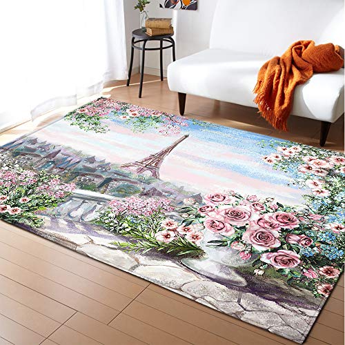 Mateju Teppich Schlafzimmer Wohnzimmer Teppich 3D Eiffelturm Dekoration Waschbarer Flanell Teppiche Balkon Terrasse Küchenteppich Bodenmatte Fußmatte (80x160cm,Pinke Rose) von Mateju
