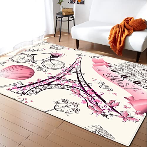 Mateju Teppich Schlafzimmer Wohnzimmer Teppich 3D Eiffelturm Dekoration Waschbarer Flanell Teppiche Balkon Terrasse Küchenteppich Bodenmatte Fußmatte (80x160cm,Romantisches Paris) von Mateju