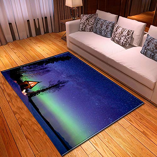 Mateju Teppich Schlafzimmer Wohnzimmer Teppich 3D Nachtansicht Dekoration Waschbarer Flanell Teppiche Balkon Terrasse Küchenteppich Bodenmatte Fußmatte (150x200cm,Polarlicht) von Mateju