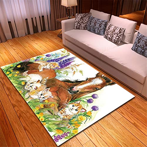 Mateju Teppich Schlafzimmer Wohnzimmer Teppich 3D Pferd Tier Dekoration Waschbarer Flanell Teppiche Balkon Terrasse Küchenteppich Bodenmatte Fußmatte (100x120cm,Kätzchen) von Mateju