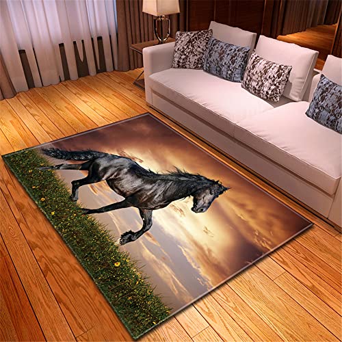 Mateju Teppich Schlafzimmer Wohnzimmer Teppich 3D Pferd Tier Dekoration Waschbarer Flanell Teppiche Balkon Terrasse Küchenteppich Bodenmatte Fußmatte (80x120cm,Wiese) von Mateju