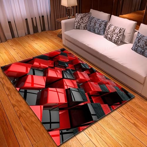 Mateju Teppich Schlafzimmer Wohnzimmer Teppich 3D visuell Dekoration Waschbarer Flanell Teppiche Balkon Terrasse Küchenteppich Bodenmatte Fußmatte (50x80cm,Schwarz Rot) von Mateju