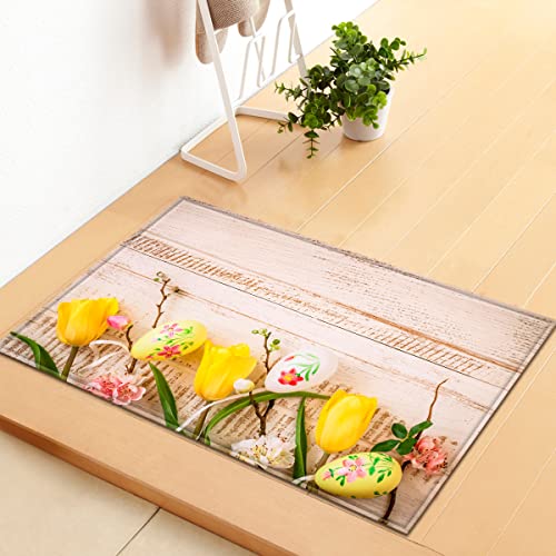 Mateju Teppich Schlafzimmer Wohnzimmer Teppich Ostern Dekoration Waschbarer Flanell Teppiche Balkon Terrasse Küchenteppich Bodenmatte Fußmatte (80x120cm,Tulpen) von Mateju