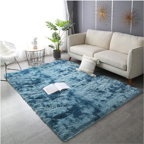 Mateju Teppich Wohnzimmer, Teppich Flauschig Modern Hochflor Teppich Schlafzimmer Bettvorleger Teppich Waschbar für Wohnzimmer Schlafzimmer Kinderzimmer Wohnzimmer (160x200cm,Tie-Dye Dunstblau) von Mateju