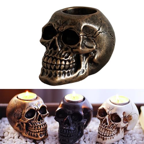 Mateju Totenkopf Kerzenständer Halloween Deko Teelichthalter aus Harz, Vintage Gothic Kerzenleuchter für Halloween Party Dekoration, Tischdekoration Heimdekoration (Gold,7cm) von Mateju