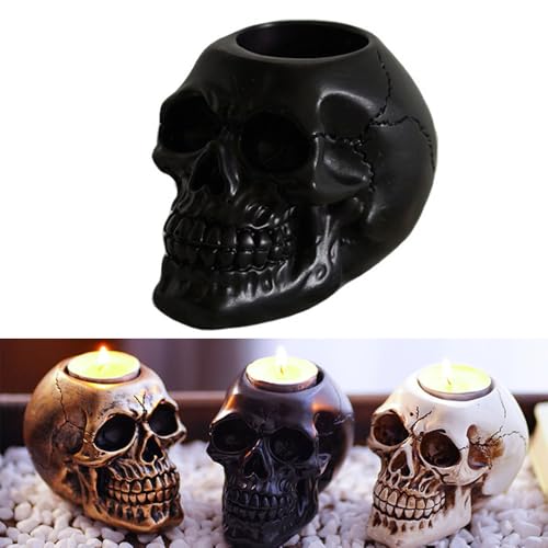Mateju Totenkopf Kerzenständer Halloween Deko Teelichthalter aus Harz, Vintage Gothic Kerzenleuchter für Halloween Party Dekoration, Tischdekoration Heimdekoration (Schwarz,7cm) von Mateju