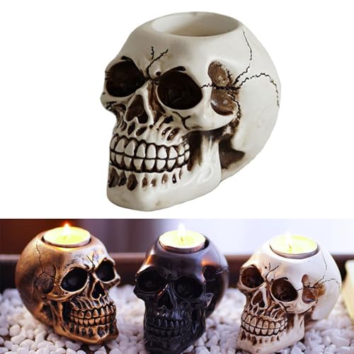 Mateju Totenkopf Kerzenständer Halloween Deko Teelichthalter aus Harz, Vintage Gothic Kerzenleuchter für Halloween Party Dekoration, Tischdekoration Heimdekoration (Weiß,7cm) von Mateju