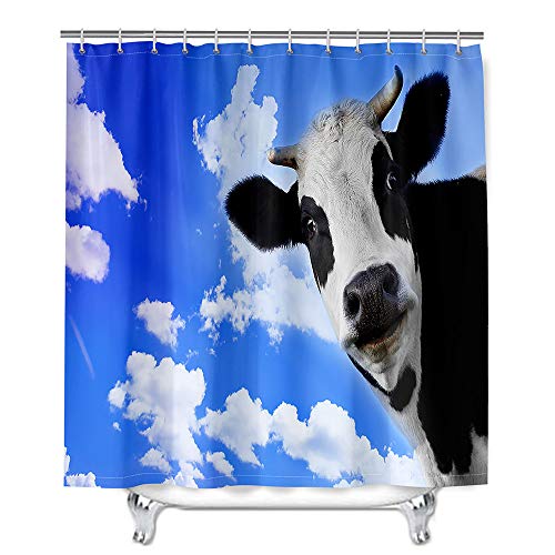 Mateju Wasserdicht Duschvorhang Staubdicht, Motiv Kuh-Muster Duschvorhänge Waschbar Polyester Stoff Badvorhang mit 12 Duschvorhängeringen für Badewanne Badezimmer (180x200cm,Blauer Himmel) von Mateju