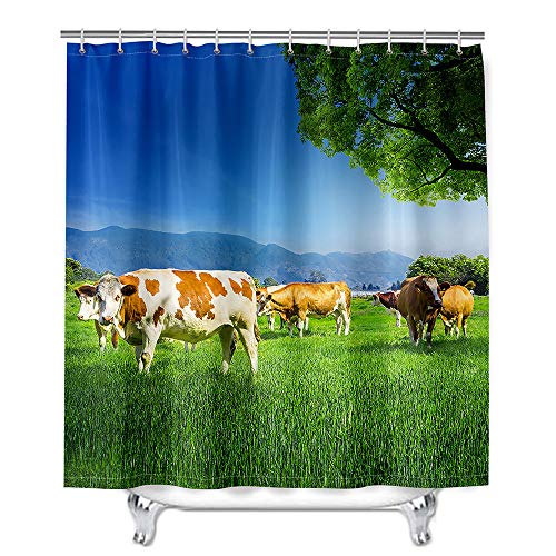 Mateju Wasserdicht Duschvorhang Staubdicht, Motiv Kuh-Muster Duschvorhänge Waschbar Polyester Stoff Badvorhang mit 12 Duschvorhängeringen für Badewanne Badezimmer (180x200cm,Grünes Gras) von Mateju