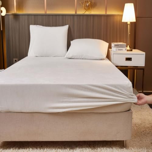 Mateju Weiches Samt Spannbettlaken für Einzelbett, Flauschige Warme Plüsch Spannbetttuch aus Mikrofaser, Bequem Bettlaken mit Elastische Kanten, Geeignet für 30cm Matratze (Weiß1,140x200cm) von Mateju